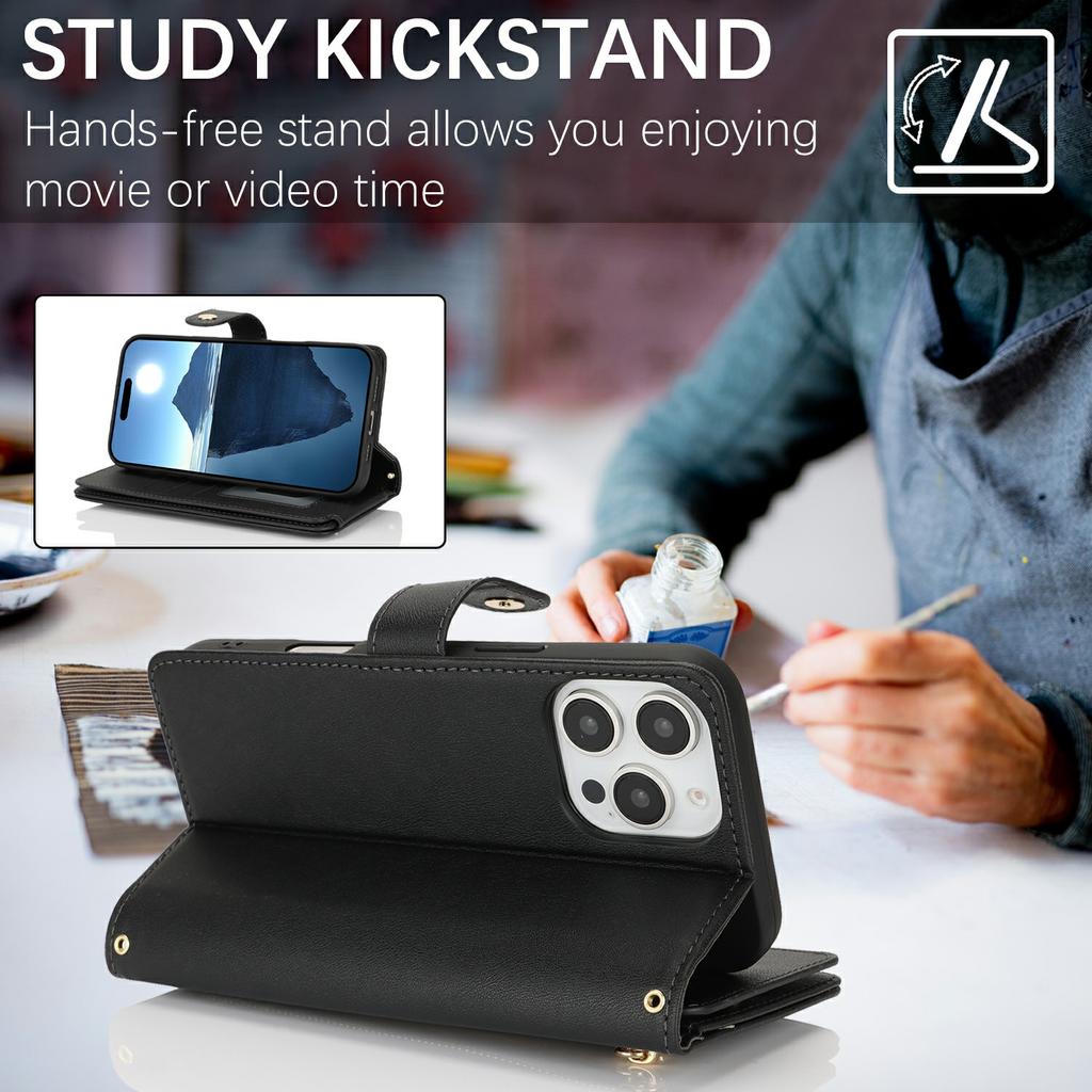 For iPhone 16 Pro Max Stand Case PU Leather Phone Cover with Straps/Zipper Wallet/Multiple Card Slots