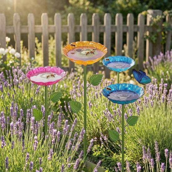 4Pcs Metal Flower Bird Baths, Garden Stake Bee Water Feeder, Outdoor Pollinators Cup, Bee Drinking Station Feeder Tray for Hummingbirds Butterflies