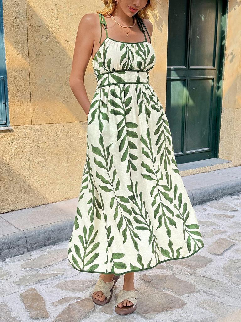 2026 Summer Green Leaf Print Spaghetti Strap Dress: Fresh Seaside Vacation Style