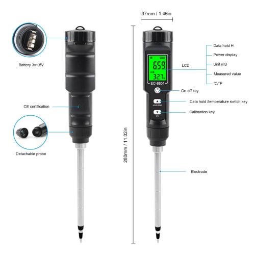 Ongwan Digital Soil Thermometer, Soil EC Meter, Measures Soil Temperature, EC, Electrical Conductivity, and Temperature, IP67 Waterproof, EC-8801A