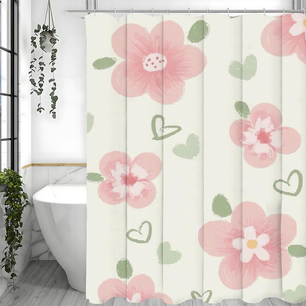 Pink Flower Shower Curtain, Bathroom Decorative Shower Curtain, Waterproof Shower Curtain with Hooks 180x180cm