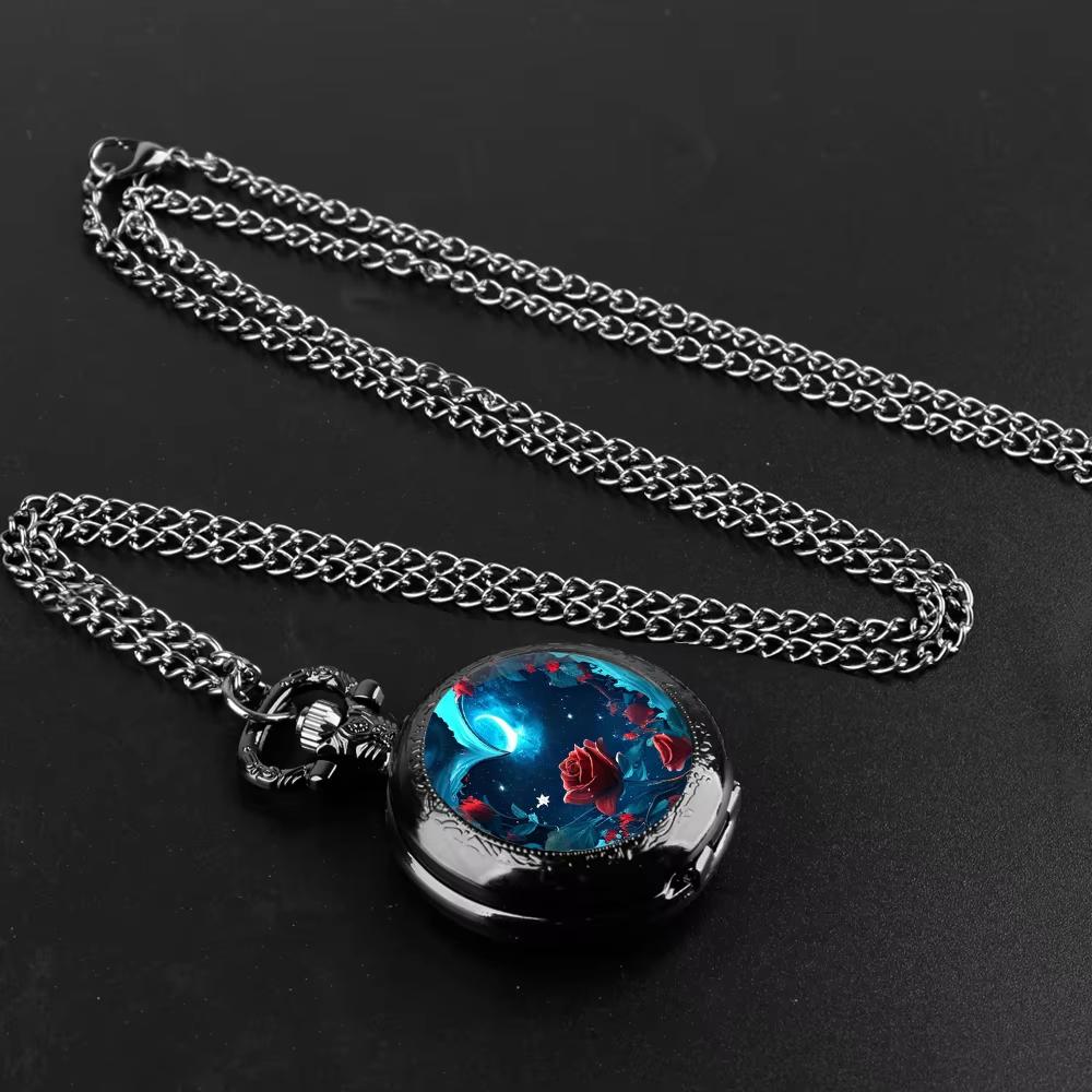 Rote Rose Blaue Sternen Quartzwerk Taschenuhr, Stilvolle Schwarze Halskette, Klassische Exquisite Geschenkuhr Für Frauen Mädchen
