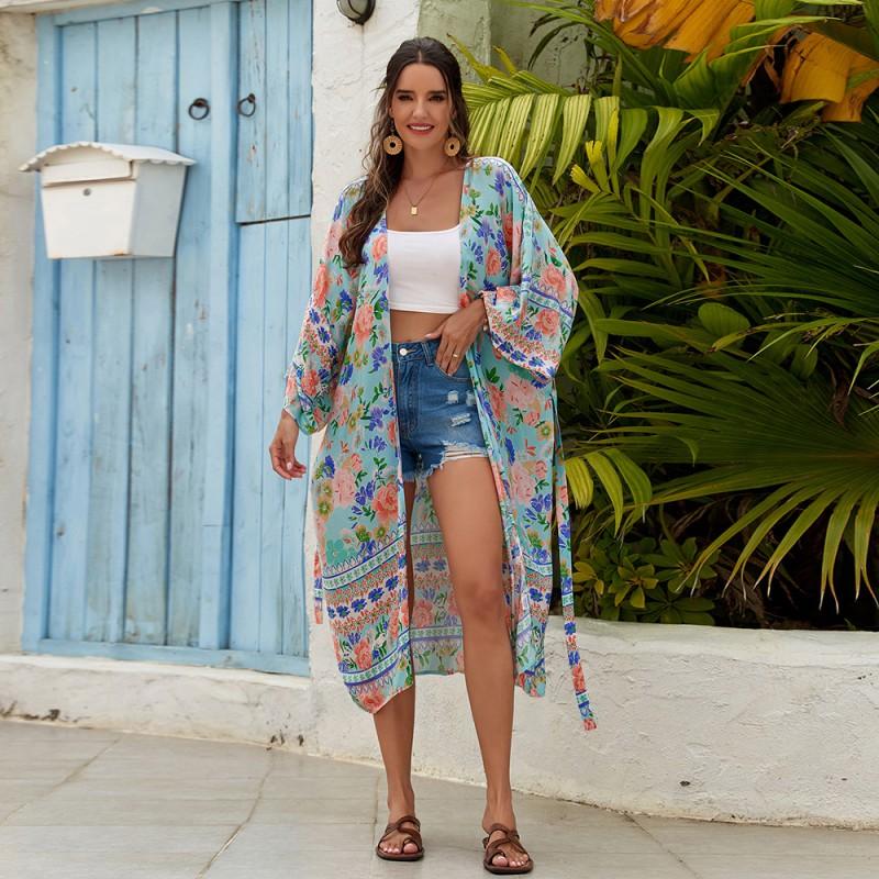Womens Cotton Beach Cover Up Dress With Floral Print Lightweight Kimono Style Swimwear Overlay