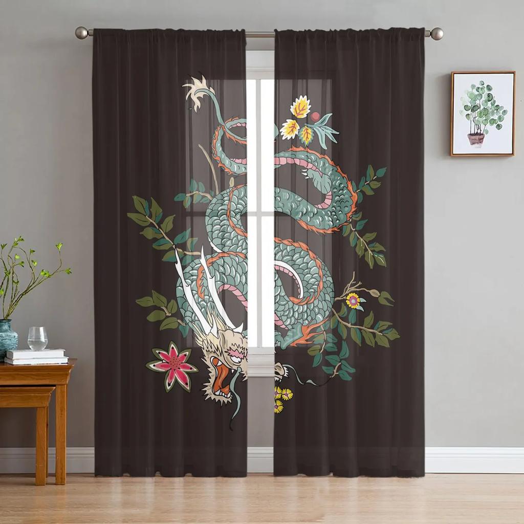 Asian Red Angry Dragon Chiffon Sheer Curtains for Living Room Bedroom Home Decoration Window Voiles Tulle Drapes Curtain