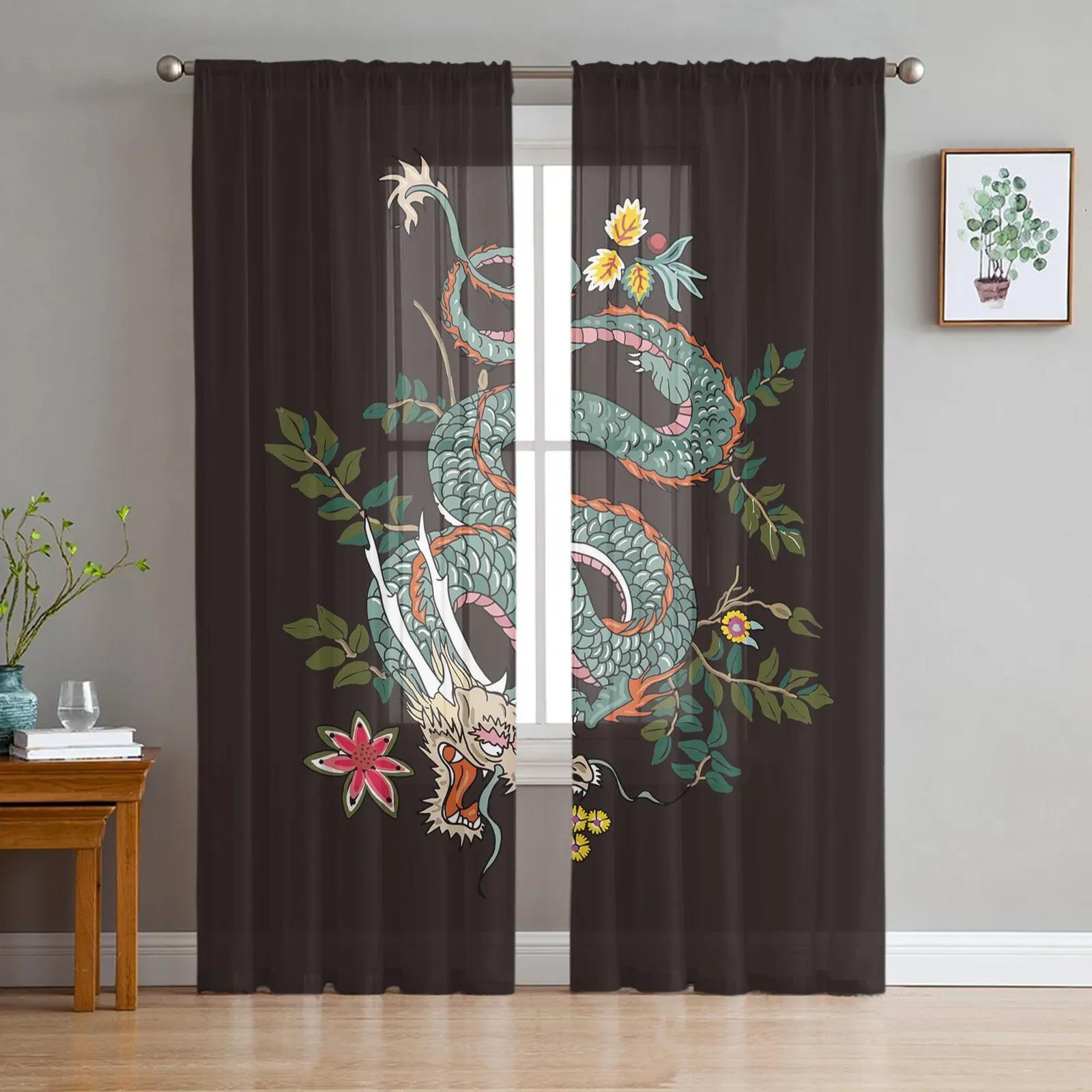 

Азиатский красный злой дракон шифоновые прозрачные шторы для гостиной спальни украшения дома оконные вуали тюлевые шторы занавеска W135 x H115cm x1&Grommet Top