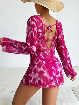Sexy Costume da bagno 3 pezzi da donna bikini tinto a nodo con copricostume trasparente a maniche lunghe, costume da bagno con allacciatura sul retro per le vacanze, abbigliamento da spiaggia