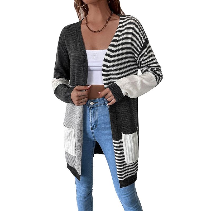 Casual Trend Versatile Fall and Winter Middle East Women's Splicing Striped Cardigan Sweater Jacket