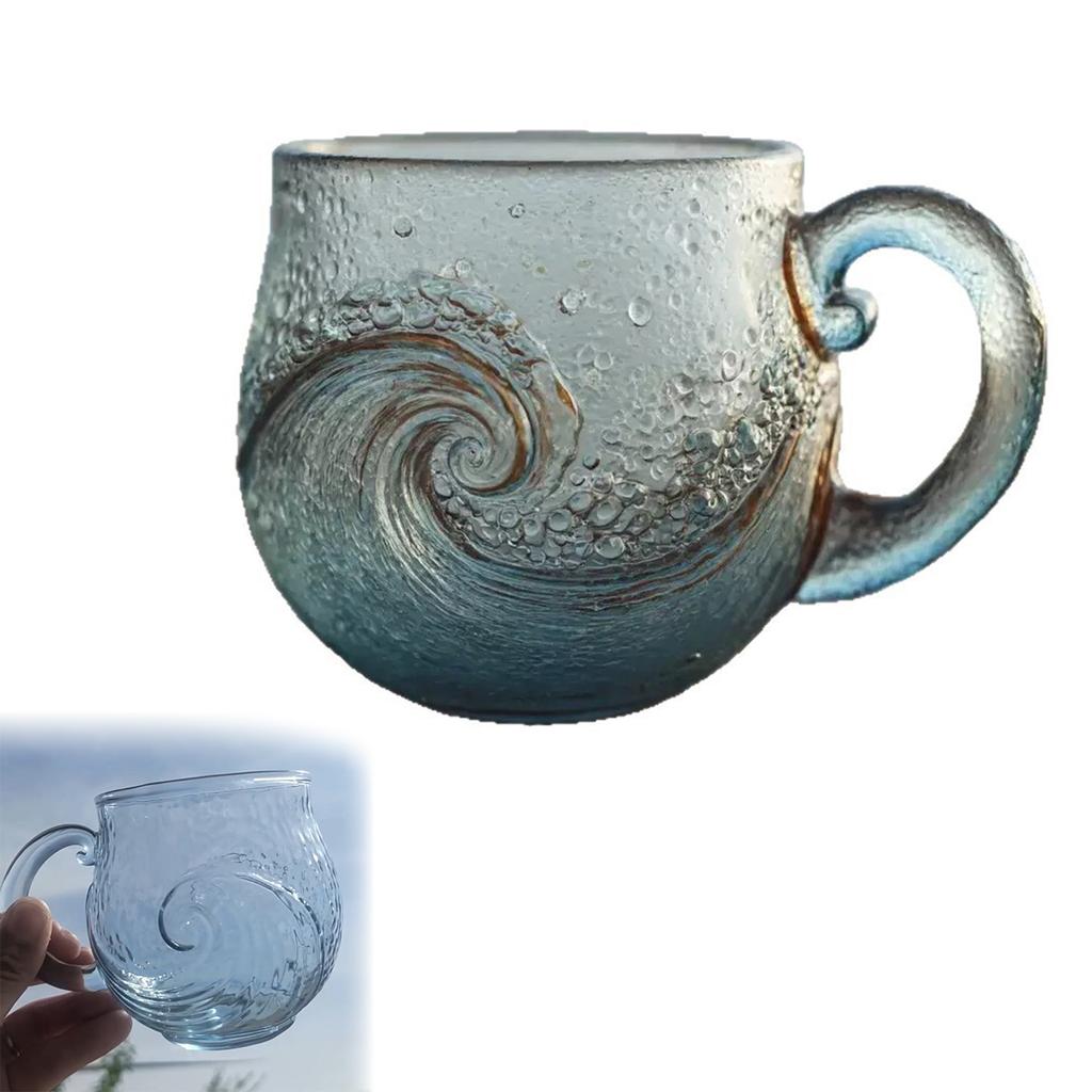 Kubek Szklany Wave 350ml Ręcznie Robiony Kubek w Stylu Oceanu z Unikalną Falistą Teksturą do Kawy Herbaty i Soku Napoje Gorące Zimne