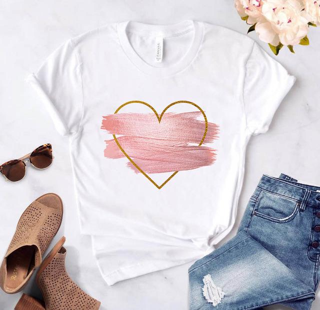 Love Heart Print T-Shirts For Women Clothing Round Neck Casual Top Clothes Short Sleeve Versatile Graphic Printed Fashion Shirts
