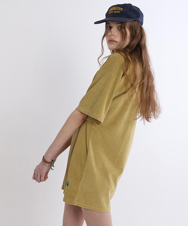 Green Butter Terry Open-Collar Dress (Khaki Beige)