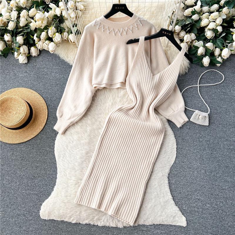Xiaoxiang Style Beaded High-Waist Two-Piece Sweater and Suspender Dress Set for Autumn/Winter 2024