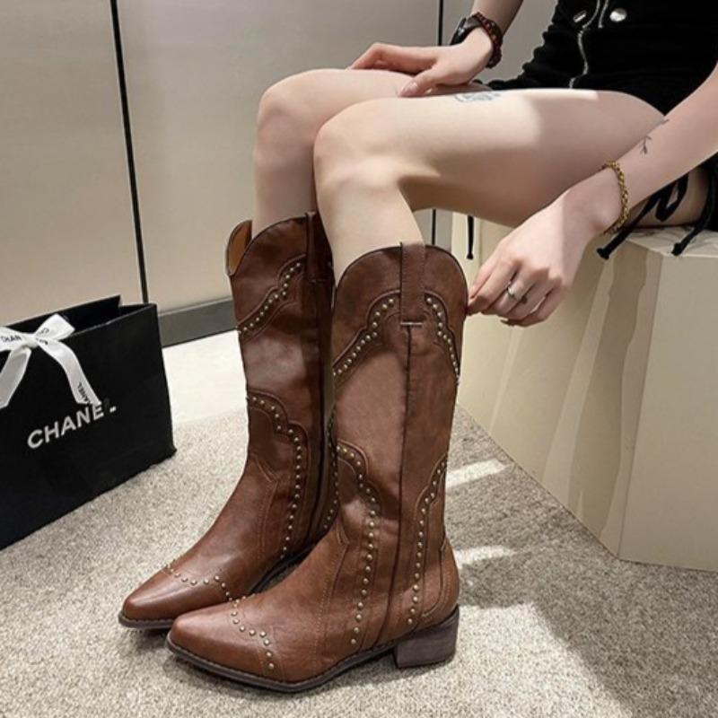 Dámské kozačky pod koleno Retro Nýtované Rytířské Boty Módní Špičaté Dlouhé Boty Vysoce Kvalitní Dámské Kožené Boty Westernové Kovbojské Boty