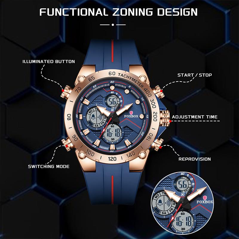 FOXBOX NEW Sports Men's Watches Military LED Dual Display Luminous Quartz Fashion Clock Waterproof Watches for Men Reloj