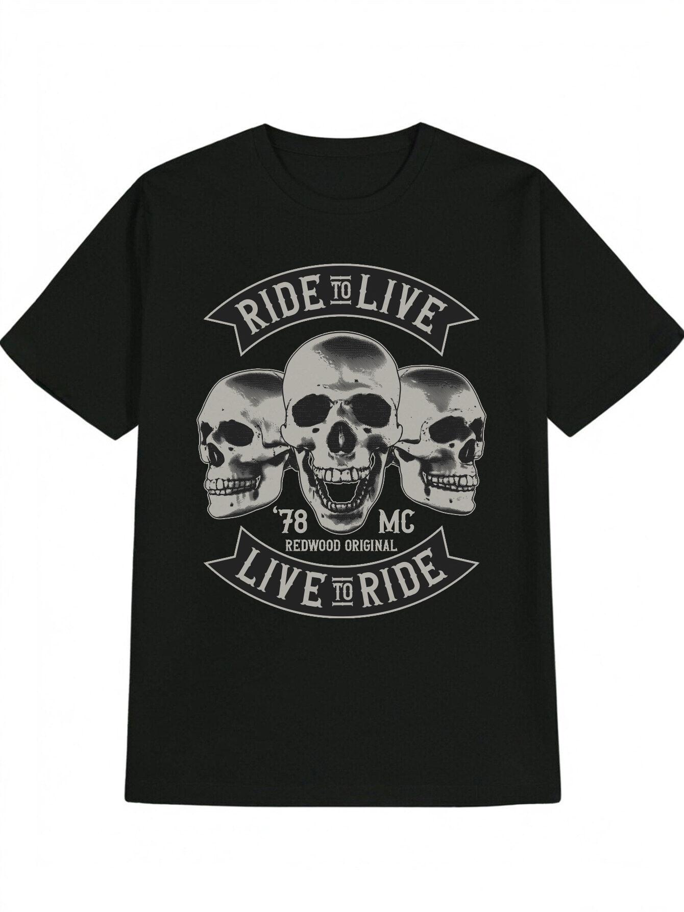 Casual Versatile Round Neck T-shirt with Skull RIDE to LIVE Print XXXL