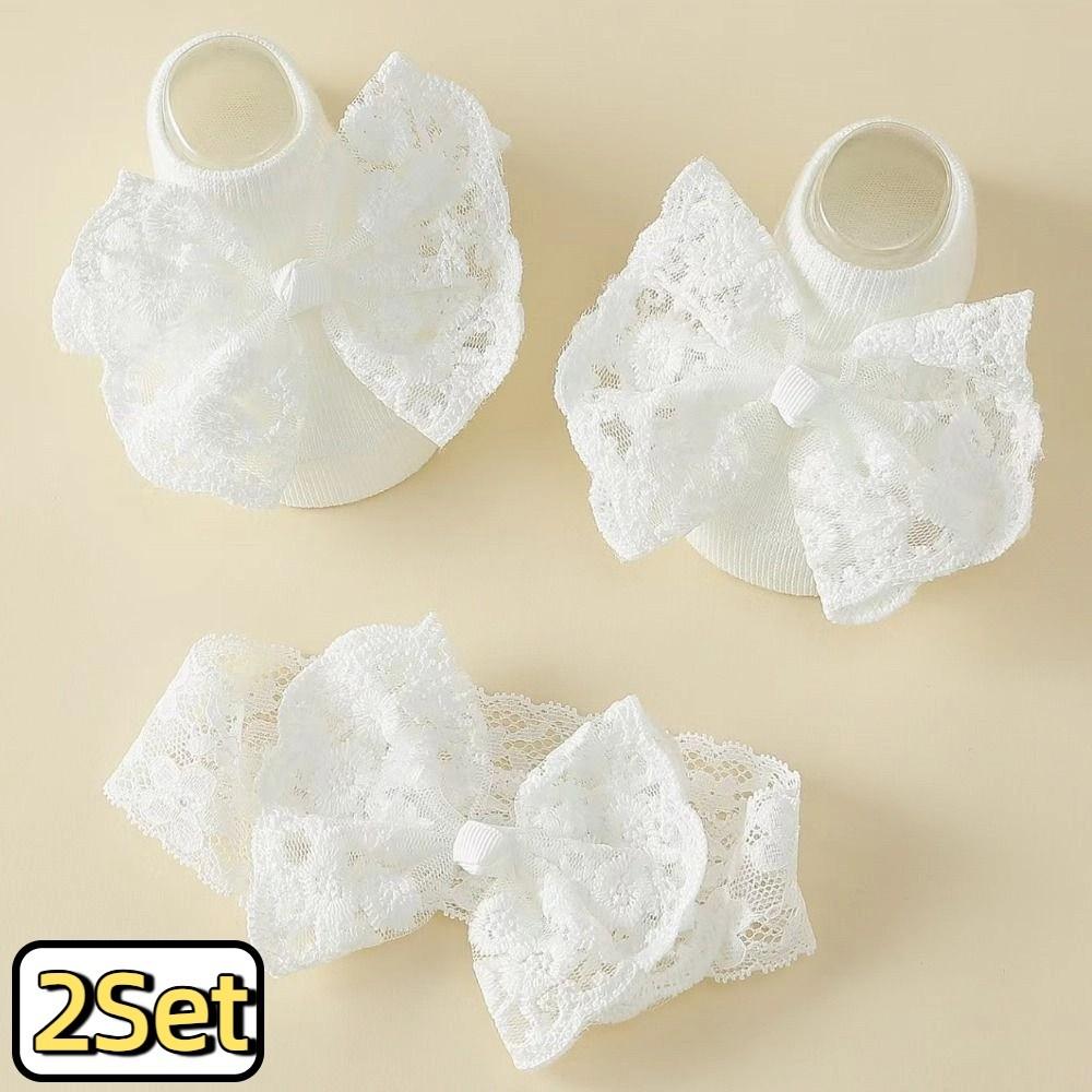 2Set Lace Bow Baby Headband Socks Set Soft Baby Floor Sock Kids Headwear Anti Slip Socks Boy Girl