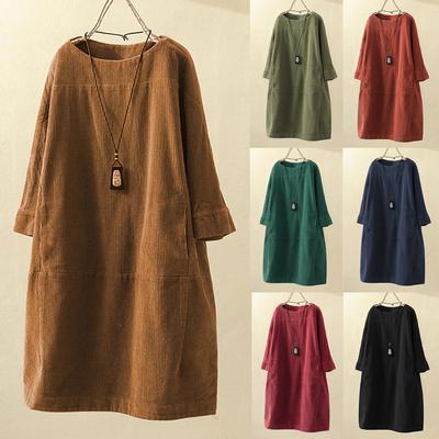 Women Vintage Pockets Corduroy Solid Color Long Sleeve Loose Casual Dress