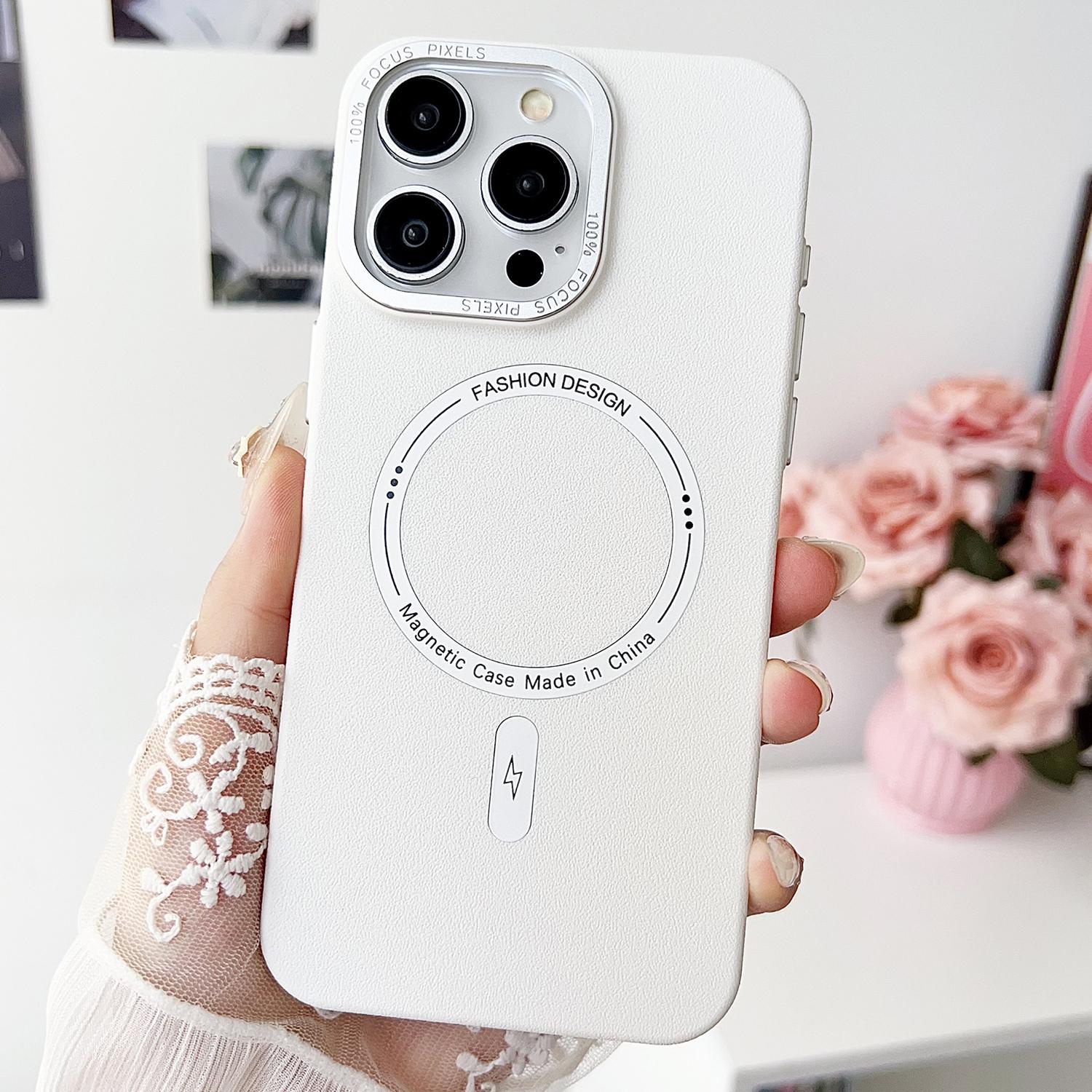 

For iPhone 15 Pro Magnetic Case TPU + PC + PU Phone Cover with Metal Lens Frame H