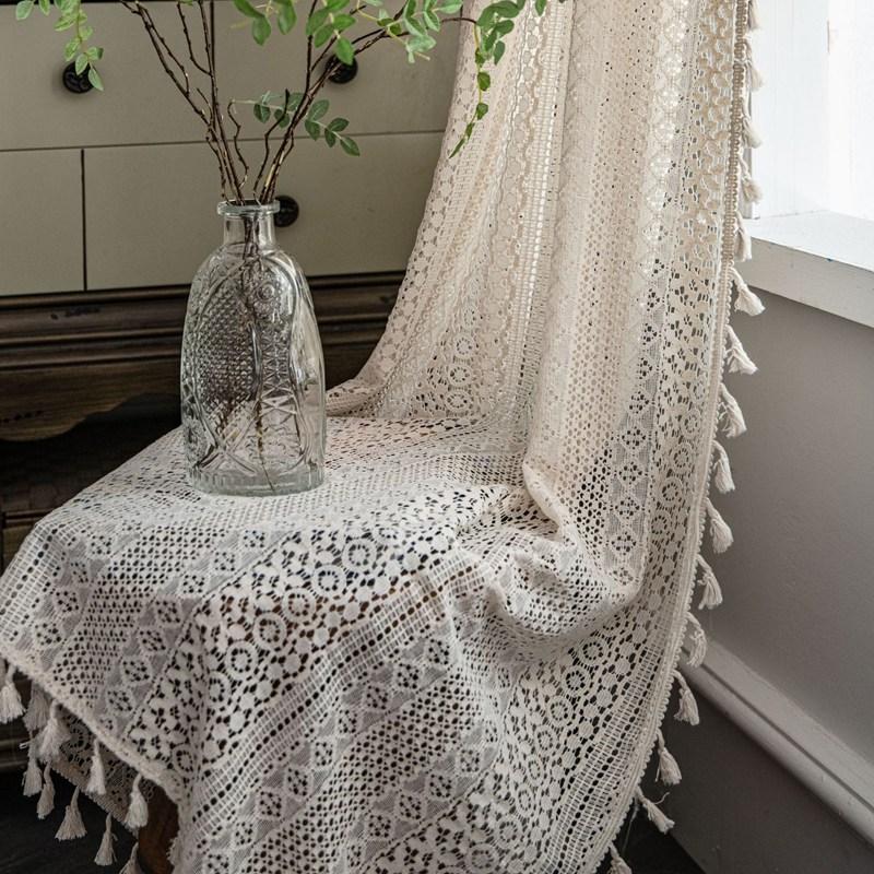 Checkered Geometric Crochet Curtains With Light Transmission American Style Hollow-out Living Room Balcony Bedroom Window Art