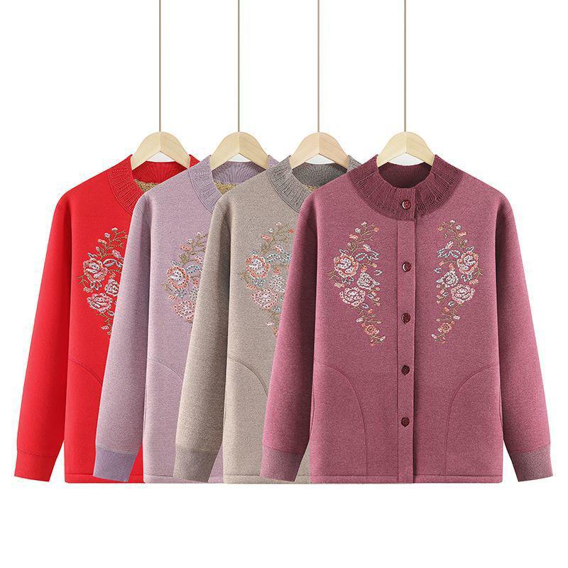 Women's Winter Fleece-Lined Cardigan and Sweater Set for Elderly
