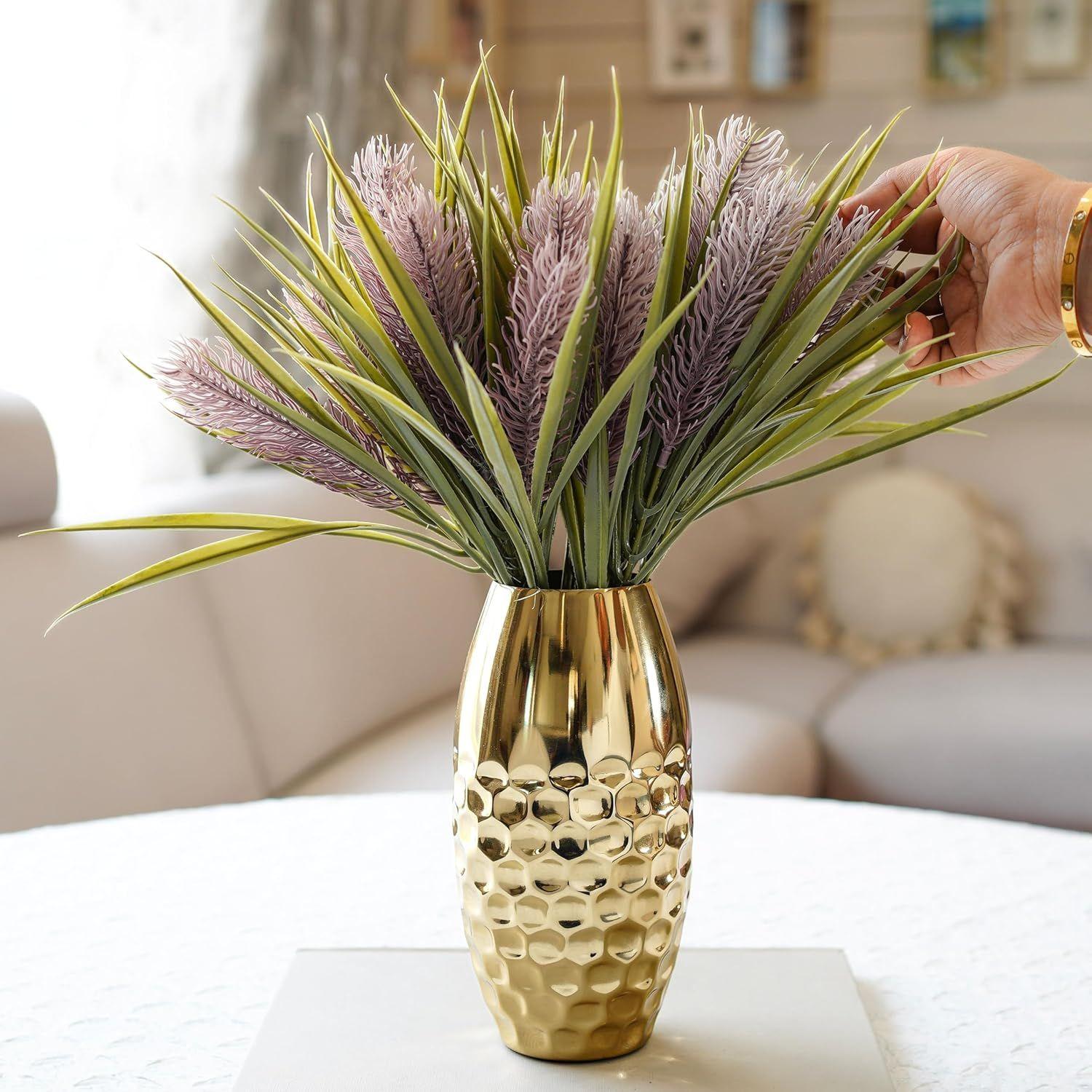 

Metal Hammered Vase for Home Decor Decoratives for Indoor Living Room | Best Gift for Birthday |Golden Half Hammered Oblong Shape 1 Large Pcs