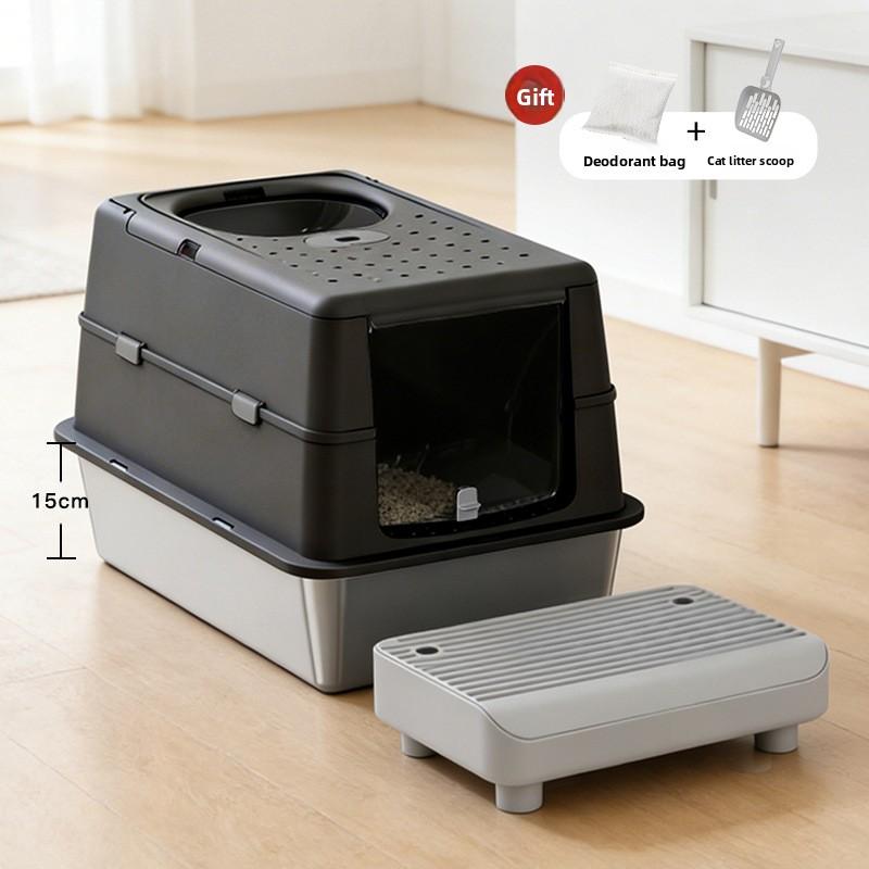 Stainless Steel Closed Cat Litter Box, Fully Closed Flip, Oversized, Heightened and Thickened Anti-splash Top-entry Cat Toilet