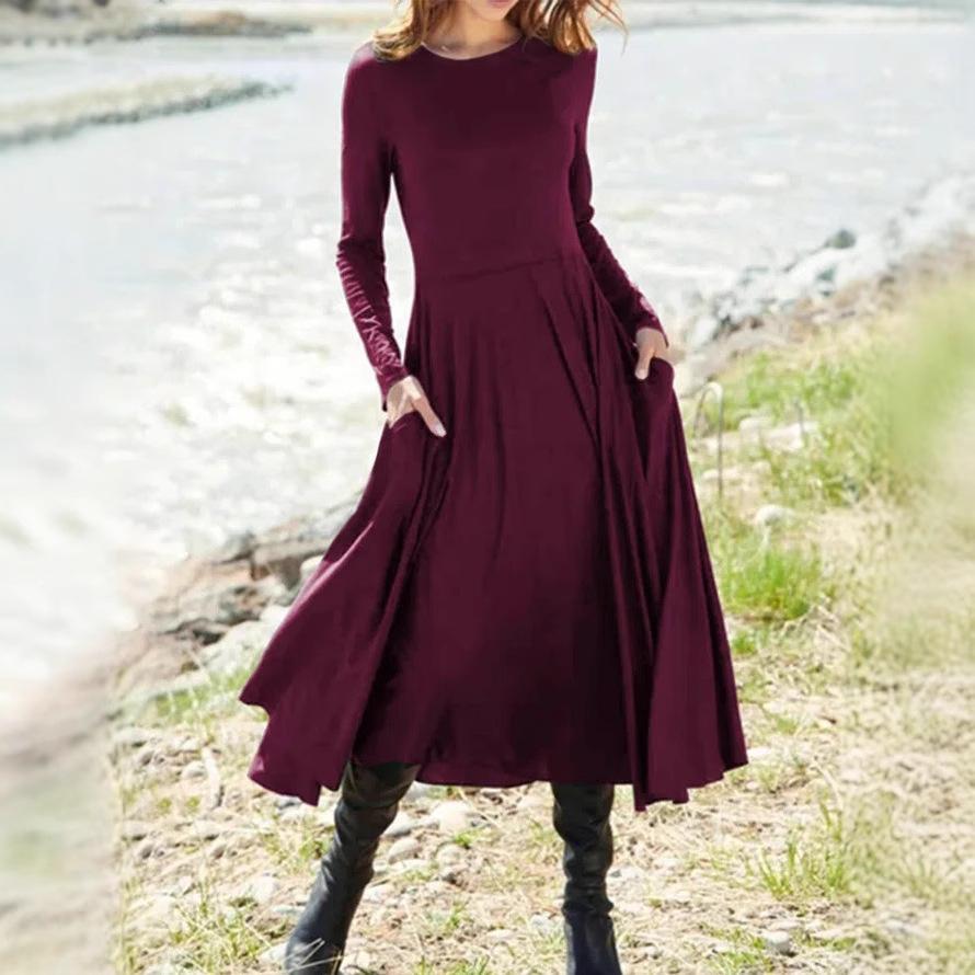 Women'S New European And American Wish Long-Sleeved Crew Neck Solid Color Long Women'S Dress