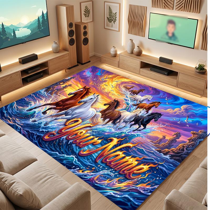 Horse Theme Soft Crystal Velvet Rug Custom Name & Text Print Non Slip Floor Rug for Bedroom Living Room