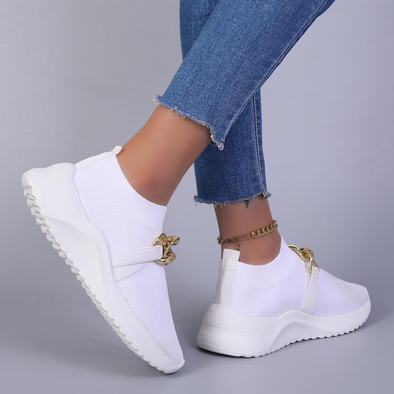 fashion Breathable Knitting Flats Shoes for Women 2024 Autumn Fashion Chain Sports Shoes Woman Platform Slip on Socks Sneakers Plus Size