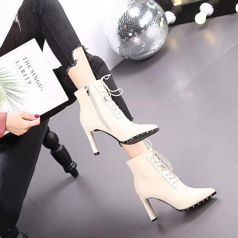 Pointed high heels thick heel short boots women's new lace-up versatile thin Martin boots tide