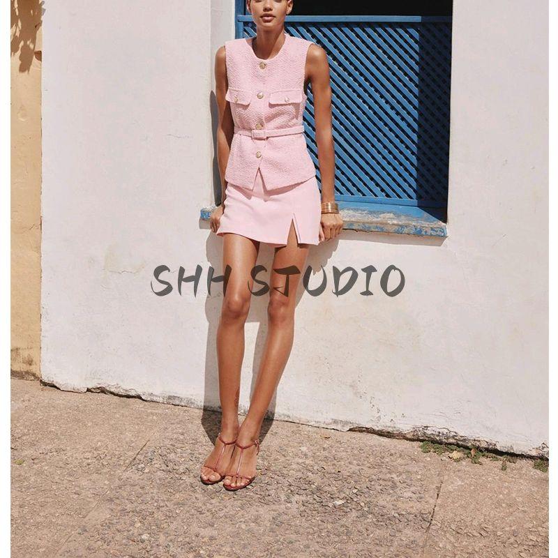 Spring and Summer New Women's Clothing Fashion Wind Minimalist Easiest for Match High Waist Slit Hemline at Hem Design Short Pantskirt 1608041