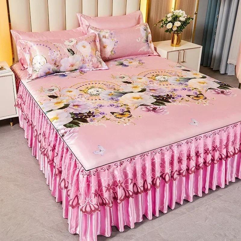 Korean Version Lace Solid Color Bed Skirt Three Piece Set, Skin Friendly Double-layer Bed Cover Non Slip Bed Cover Falda De Cama