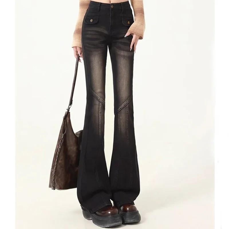 Kadın Yüksek Bel Elastik Birleştirilmiş Geniş Paça Kot Pantolon Kadın Vintage Dar Kesim İspanyol Paça Pantolon Bayan Mavi Siyah Gri Kot Pantolon Büyük Beden