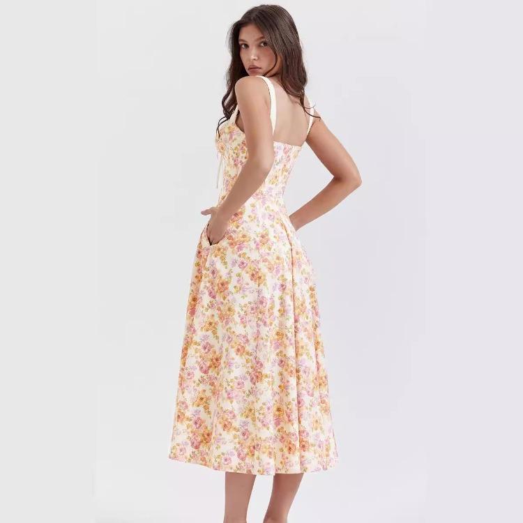 Women Fashion High Waist V Neck Backless Spaghetti Strap Print Ankle Length Trendy Design Dress