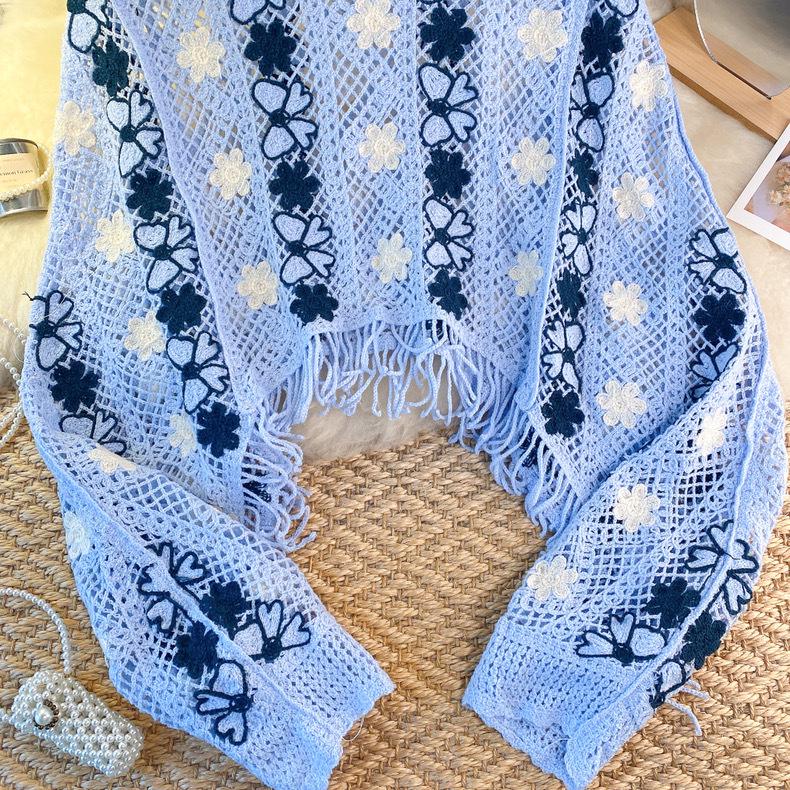 Women's Retro Knit Cardigan - Embroidered Tassel, Hollow Out Design, Loose Fit Sweater for Early Autumn