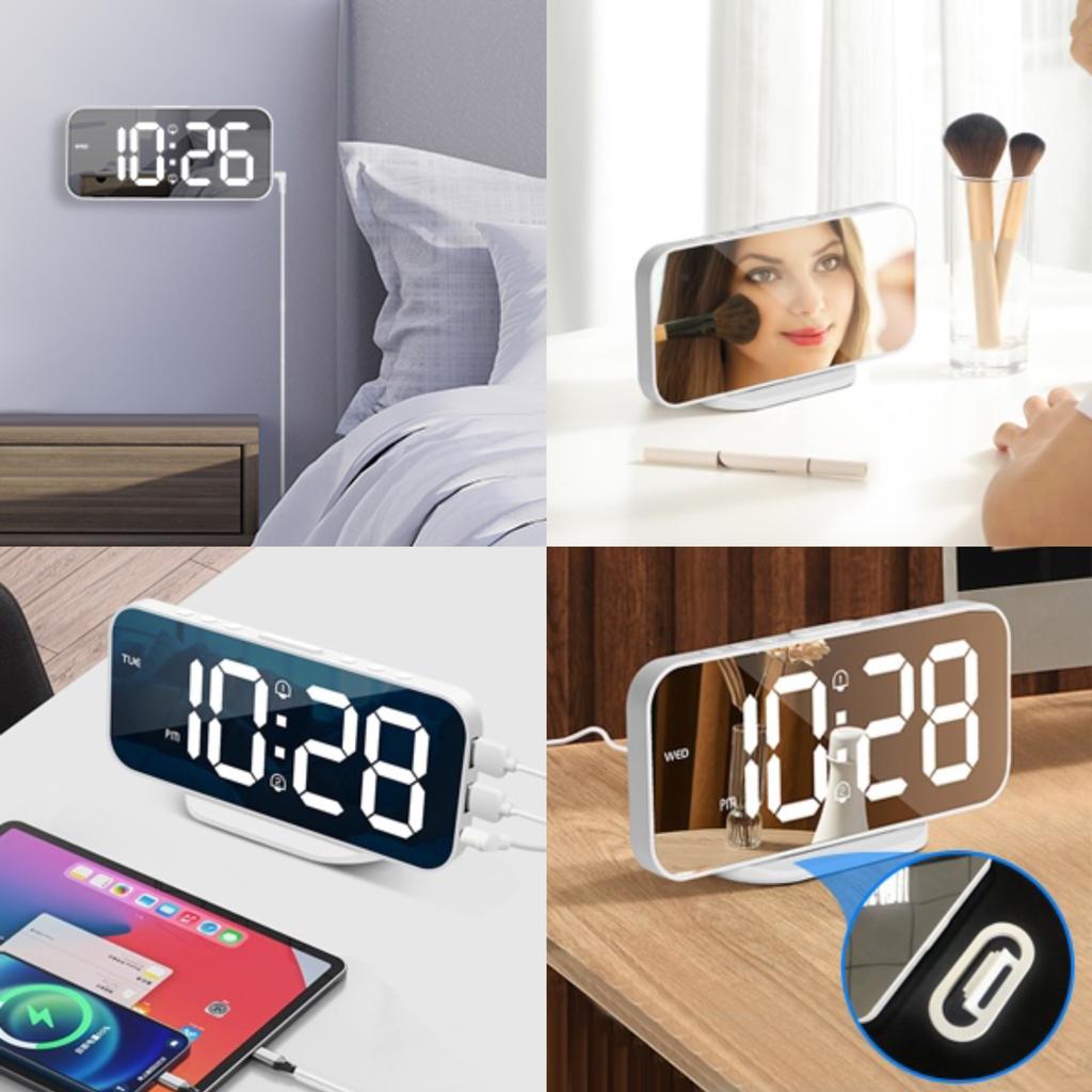 LED Mirror Digital Alarm Clock for Bedroom Dual Alarm,2 USB Charger Ports, Easy Snooze, Day of Week 12 24H Display, USB Powered Clock with Battery