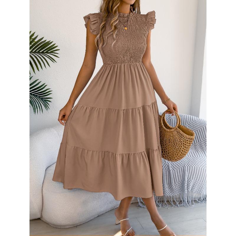 Spring and Summer Plain Color Wooden Earflap, Fluttering Sleeves, Gathered Waist, Long Skirt Women's Dress