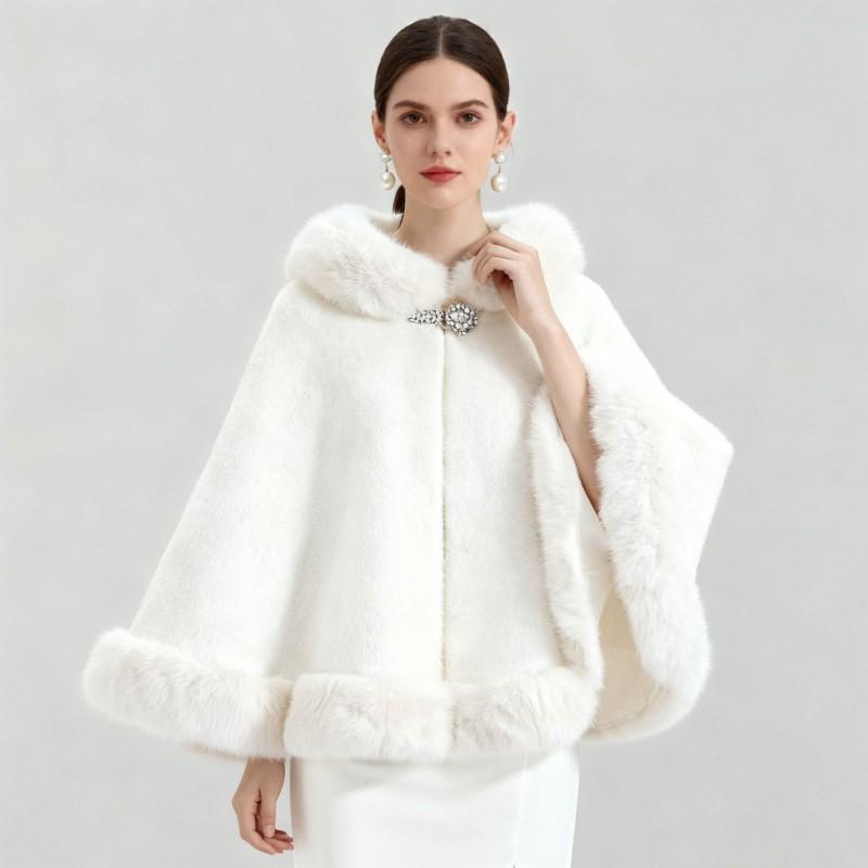 Cardigan Cape en Maille Oversize pour Femme avec Col en Fausse Fourrure Manteau Châle Chaud d'Hiver