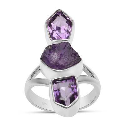 Natural Amethyst Three Stone Ring Solid 925 Sterling Silver Split Shank Long Finger Ring For Women & Girls