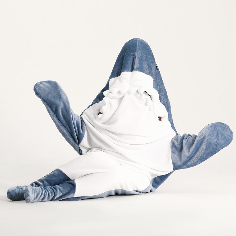 Warm Flannel Blanket Pajamas Home Suit Cartoon Shark Pajamas Unisex Play Suit Kids Parents Hooded Funny Home Wear for Slumber Party