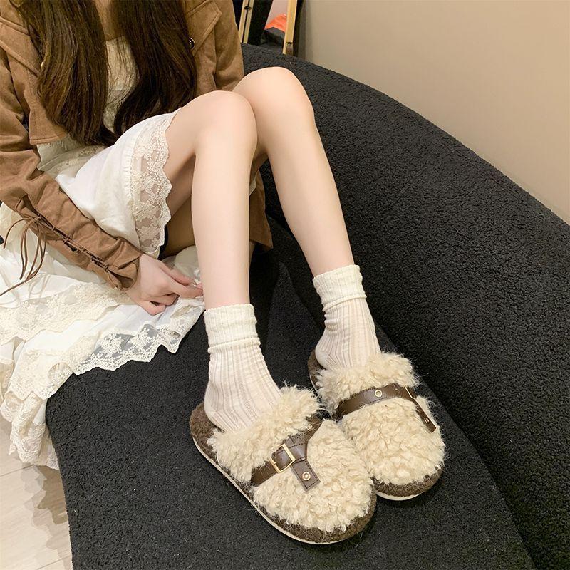 Internet Celebrity Bag Head Plush Cotton Slippers Women Wear Flat Bottom Non-slip Indoor and Outdoor Fluffy Slippers Women