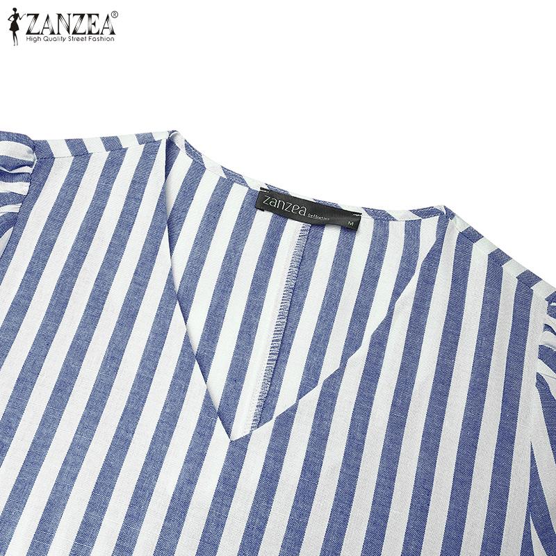 ZANZEA Γυναικείο Καθημερινό Casual Φόρεμα με V-λαιμόκοψη, Κοντό Μανίκι και Ριγέ