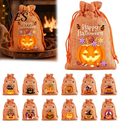 Trick or Treat Party Souvenirs 2Pcs Halloween Pumpkin Drawstring Bags for Candy Treats, Retro Burlap Cute Ghost Theme Pouches Bags, Portable