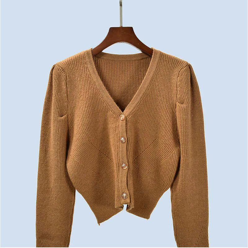 Puff Sleeves Short V-neck Sweater Female Fall and Winter K-style Classic Style Silm Long Sleeves Knitting Cardigan Outerwear Top