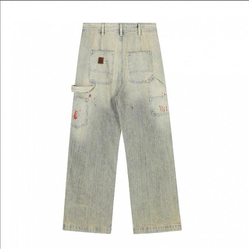 Mens Distressed Ripped Denim Jeans With Bloodstain Print Loose Fit Straight Leg Mid-Waist Stretch Cotton Streetwear Casual