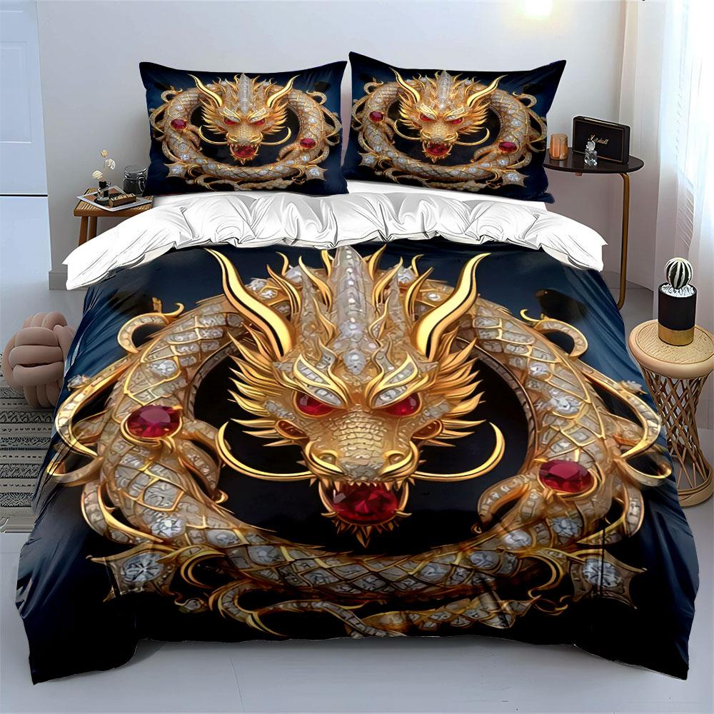 Golden Dragon Decorative Set Bedding Set with 1 Duvet Cover 2 Pillowcases Single Double King Queen Gift