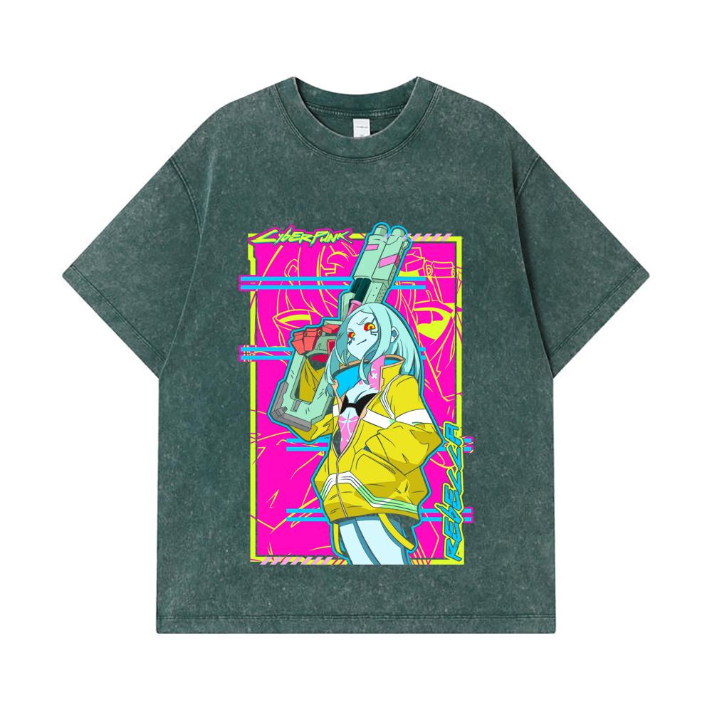 275 GSM Washed T-shirts 100% Cotton Cyberpunk Edgerunners V6 Rebecca Print Unisex Heavy Cotton T Shirt