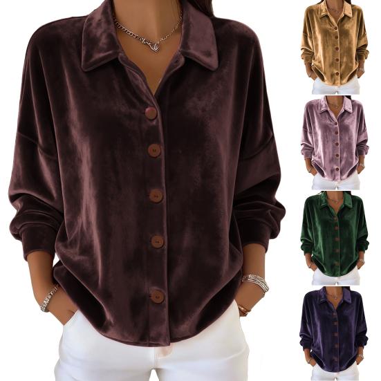 Women Shirt Lapel Long Sleeve Velvet Texture Solid Color Shirt Tops Loose Fit Buttons Placket Commuter Tops Work Wear