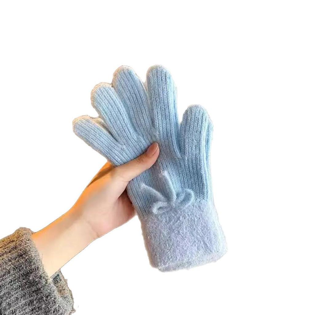 Cross-border Korean Style Cute Bow Wool Winter Gloves - Warm, Windproof, Full Five-Finger Design
