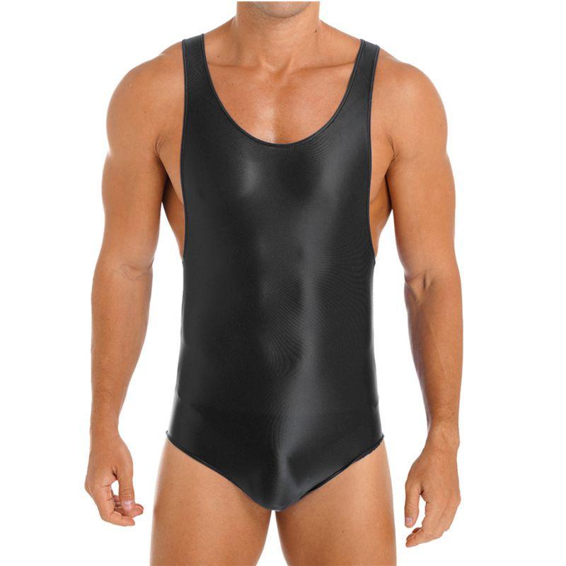 Mens Glossy U Neck Bodysuit Sleeveless Stretchy Leotard Wrestling Singlet Swim Sportswear