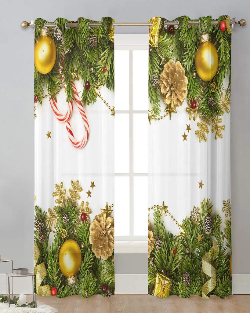 Christmas Pine Needles Lights Sheer Curtains for Living Room Decoration Window Curtains Kitchen Tulle Voile Curtains